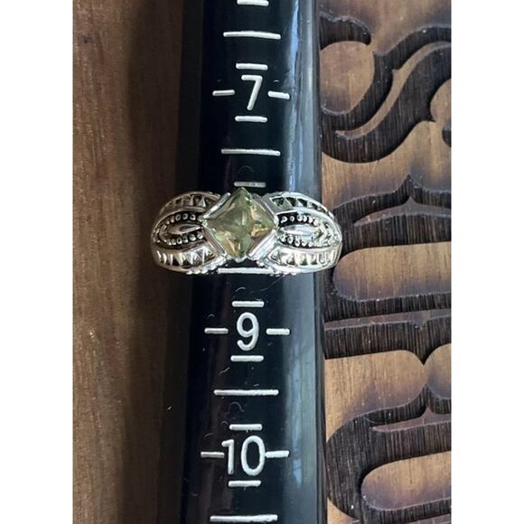 Edwardian Filigree Radiant Cut Olive Green Peridot Ring in  Vintage Sterling Silver Olive Green Quartz Citrine Ornate Filigree Ring Size 8